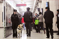  Police patrols aided with sniffer dogs are seen at Beijing&apos;s metro stations on March 30, 2010. [Xinhua]