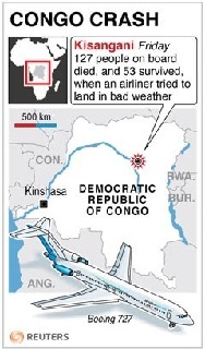 Map of Democratic Republic of Congo locating crash that killed 127 people