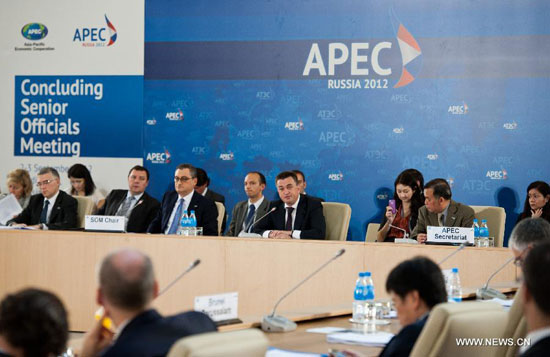 Participants attend the APEC senior officials meeting in Vladivostok, Russia, on Sept. 2, 2012. The 2012 Asia-Pacific Economic Cooperation forum (APEC) opened on Sunday with its usual senior officials' meeting aimed at identifying issues for further discussion.