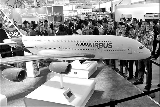 An Airbus SAS A380 model aircraft at last month's Airshow China 2012 in Zhuhai, Guangdong province. [China Daily]